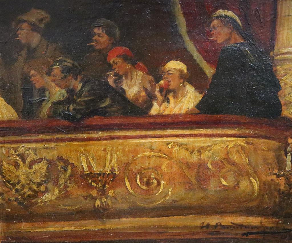 Russian School c.1920 Theatre scene with smokers watching from a box, and a restaurant scene with diners querying the bill, 10 x 12in.